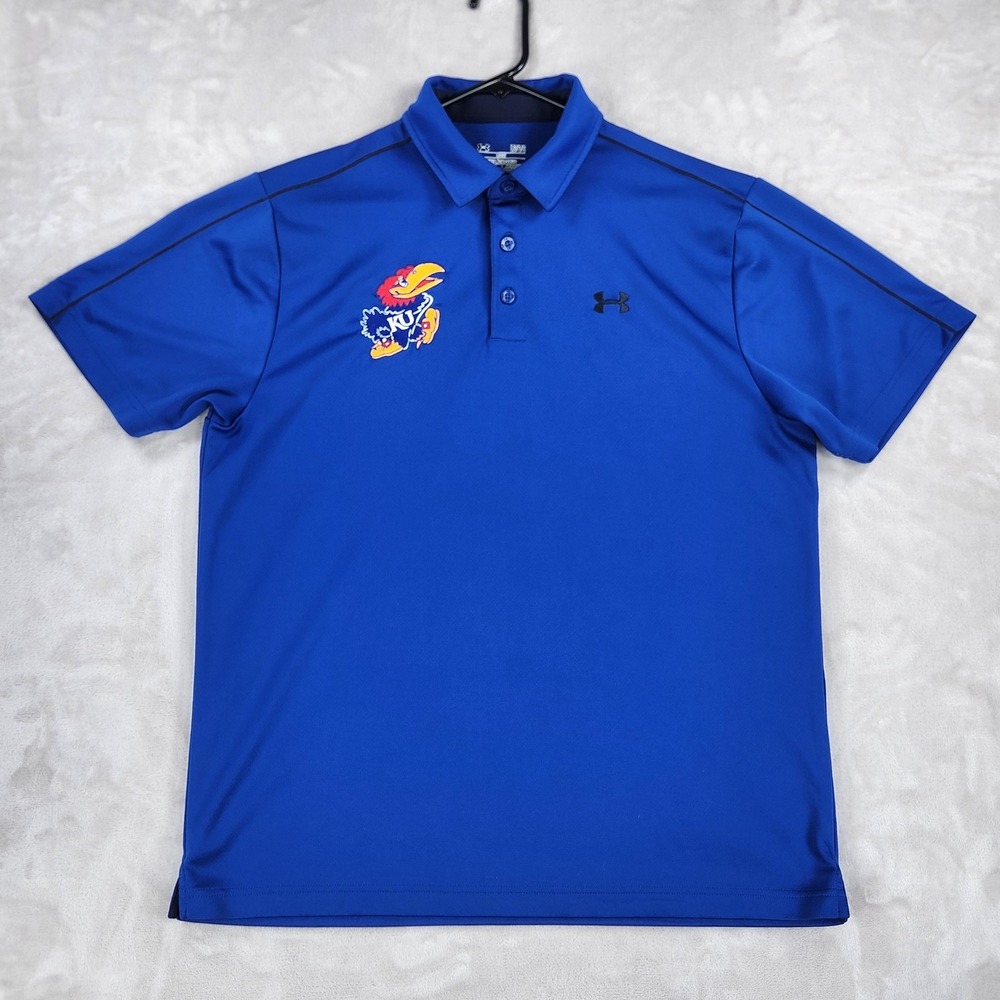 Kansas Jayhawks Shirt Mens Large Blue NCAA Under Armour HeatGear Polo KU